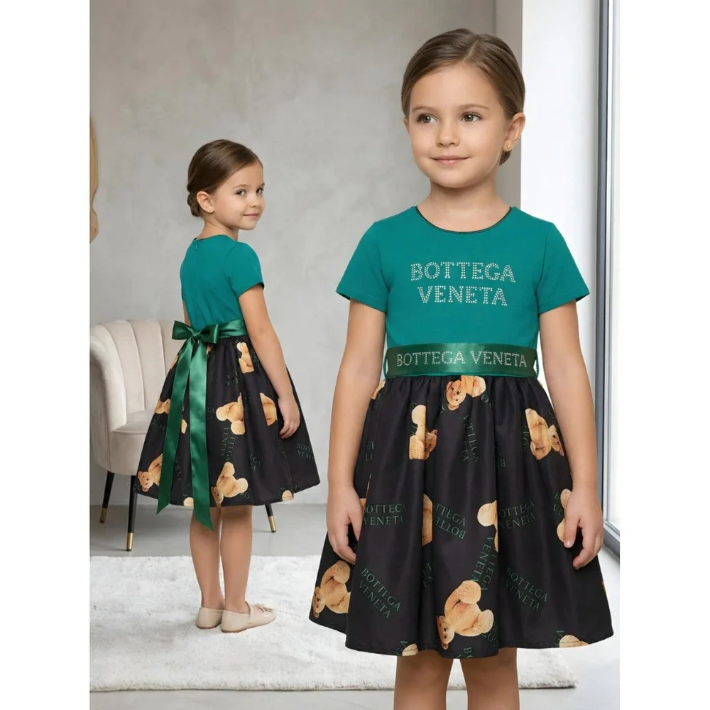 Bottega Veneta Girls Green Teddy Bear Logo‎ Dress Kids Size 3-4 Years NWT